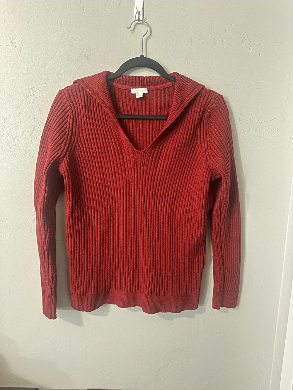 J. Jill Ribbed V-Neck Hooded Sweater in Red